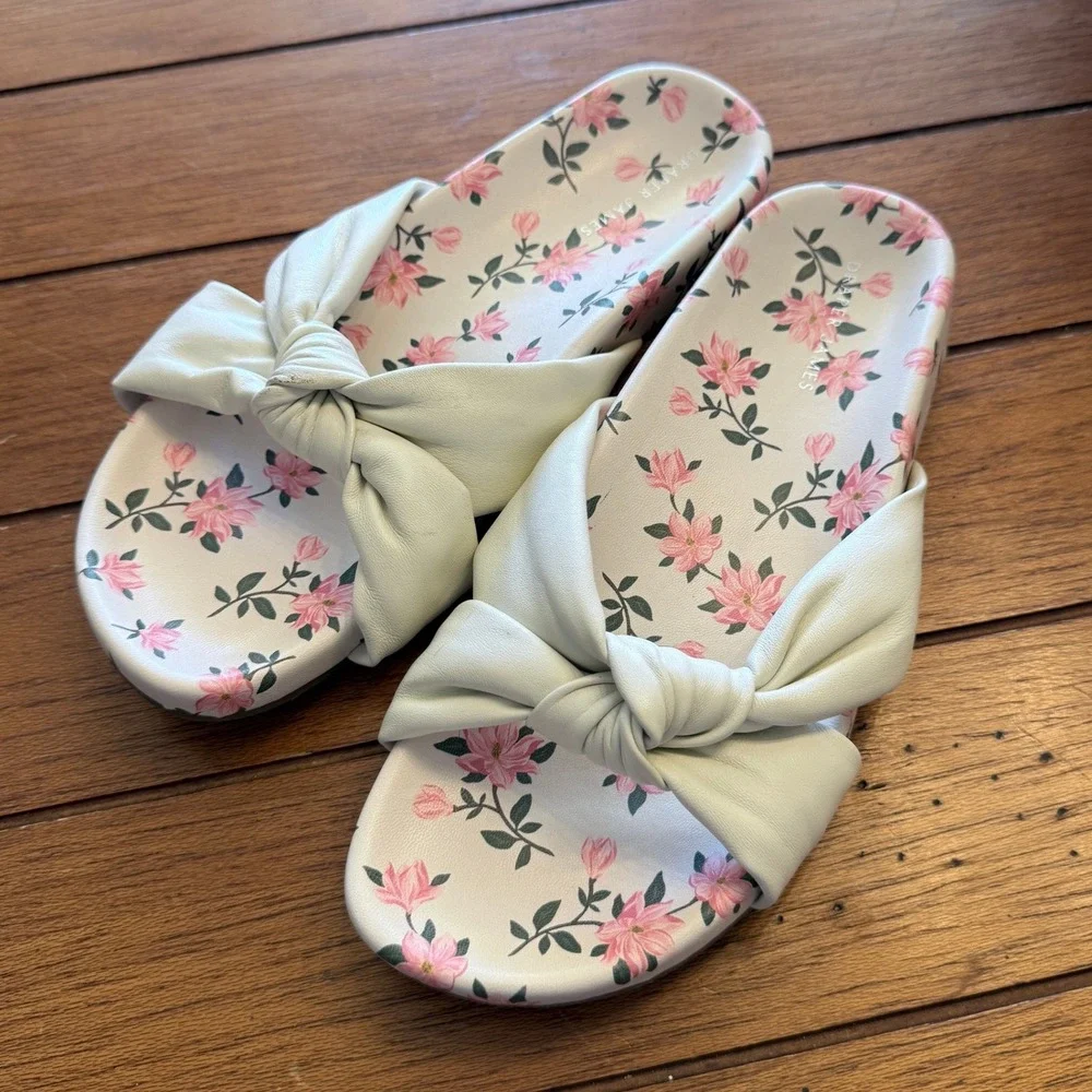 Draper James Womens Cream Floral Bow Knot‎ Slide Sandals Size 8 US 38.5 EUR